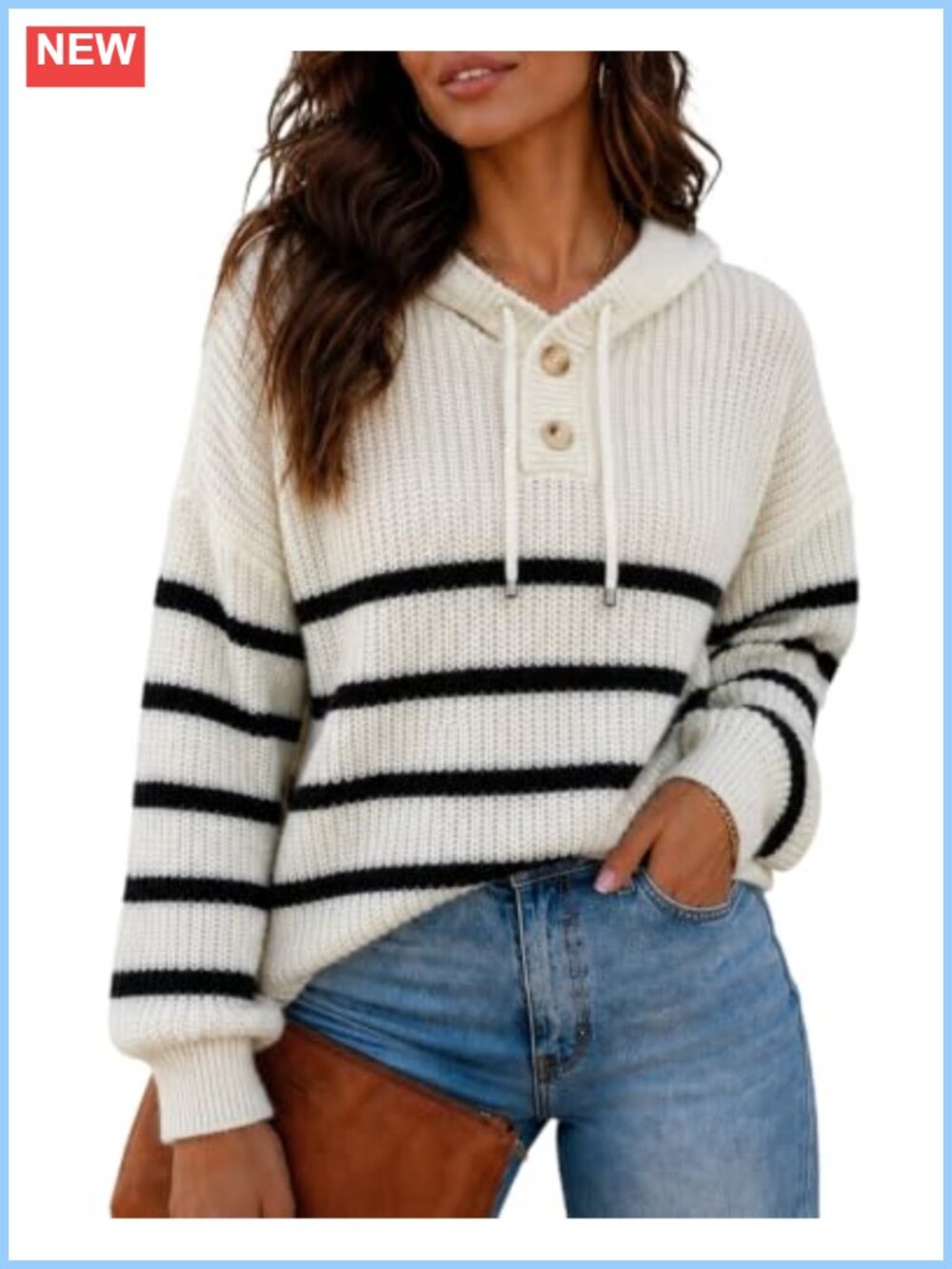 Oversized Waffle Knit Striped Hoodie Sweater Pullover Cropped